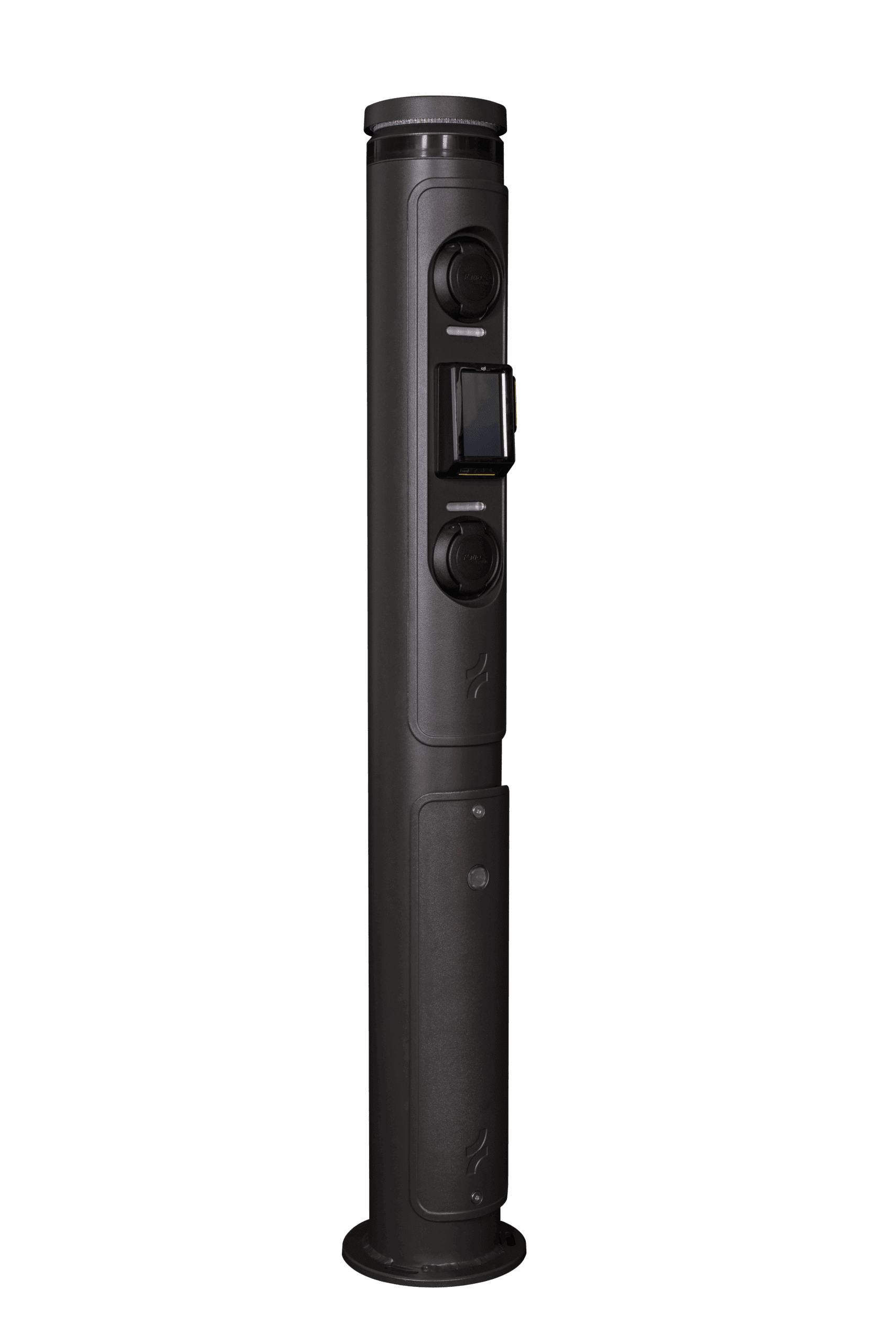 Ratio iO7 commercial EV charging bollard with payment terminal close-up showing socket covers and contactless card reader display