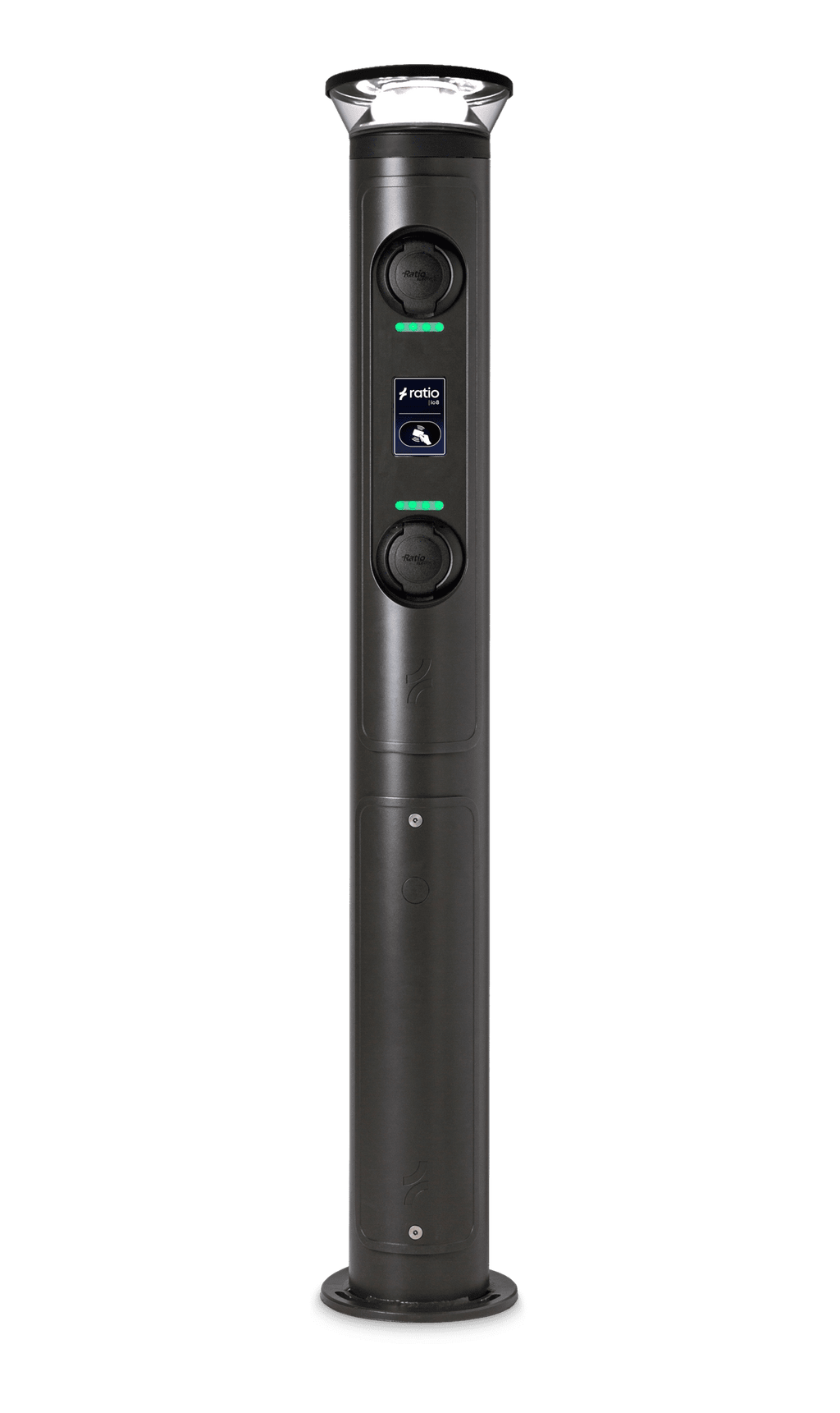 Ratio iO8 commercial EV charging bollard with illuminated amenity-style crystal top cap, two Type 2 sockets, central display and green status LEDs