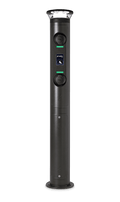Ratio iO8 commercial EV charging bollard with illuminated amenity-style crystal top cap, two Type 2 sockets, central display and green status LEDs