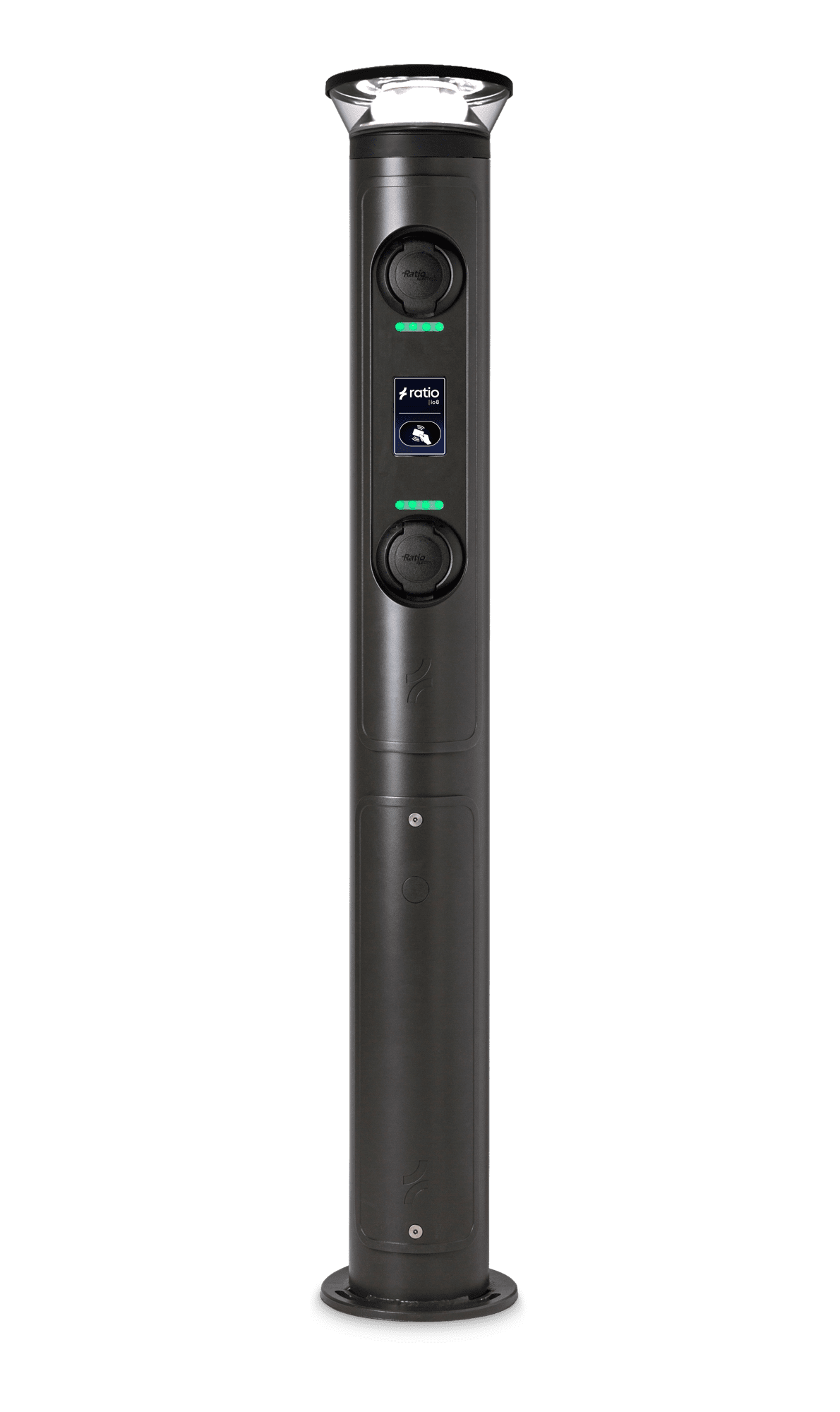Ratio iO8 commercial EV charging bollard with illuminated amenity-style crystal top cap, two Type 2 sockets, central display and green status LEDs