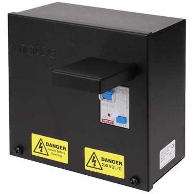 MATTE SP-EVCP-R-A EV charge point isolator with integrated RCBO, blue test switch visible on black metal enclosure