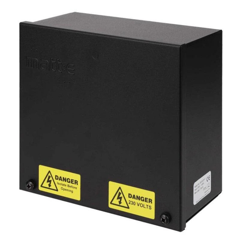 MATTE SP-EVCP-T EV charge point isolator switch in black enclosure with 230V danger and isolate-before-opening warning labels