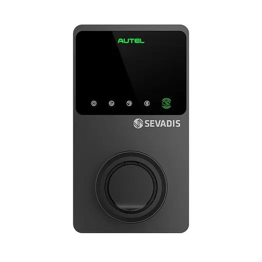 Autel MaxiCharger EV charger front view in dark grey with SEVADIS branding and rotary dial control - UK home charging point