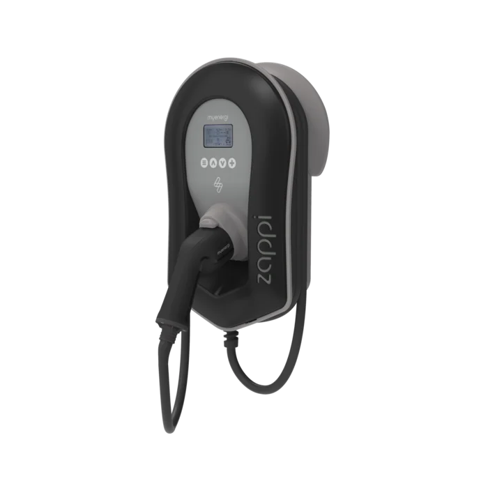 myenergi Zappi V2.1 22kW 3-phase 32A EV charger angled view with coiled cable - buy Type 2 home charging point