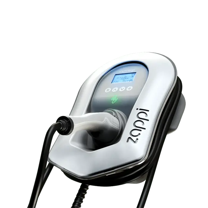 myenergi Zappi V2.1 7.4kW 1-phase EV charger close-up angled view with cable - buy Type 2 home charging point