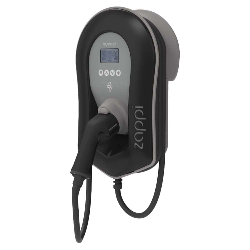 Myenergi Zappi 7kW black tethered Type 2 EV charger with LCD display and hanging cable front view on white background