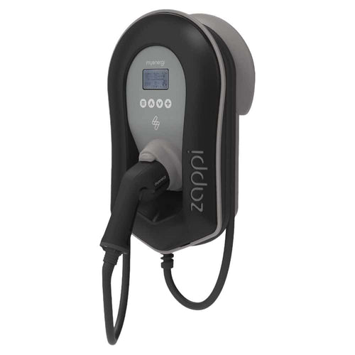 Myenergi Zappi 7kW black tethered Type 2 EV charger with LCD display and hanging cable front view on white background