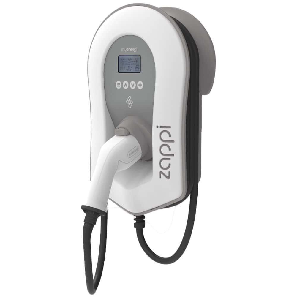 Myenergi Zappi 7kW white tethered Type 2 EV charger with LCD display and cable front view on white background