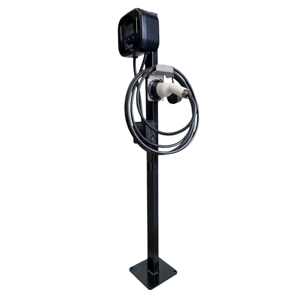 Ohme Home Pro EV charger in black on pedestal stand with tethered cable wrapped on hoop, front view on white background
