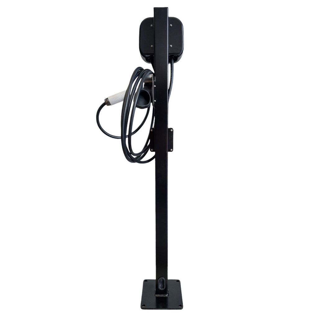 Ohme Home Pro EV charger in black on pedestal stand with tethered cable, side view on white background