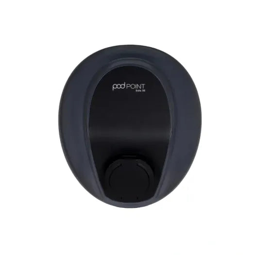 Pod Point Solo 3S EV charger, black untethered wall unit with Type 2 socket, front view on white background - UK home charging point