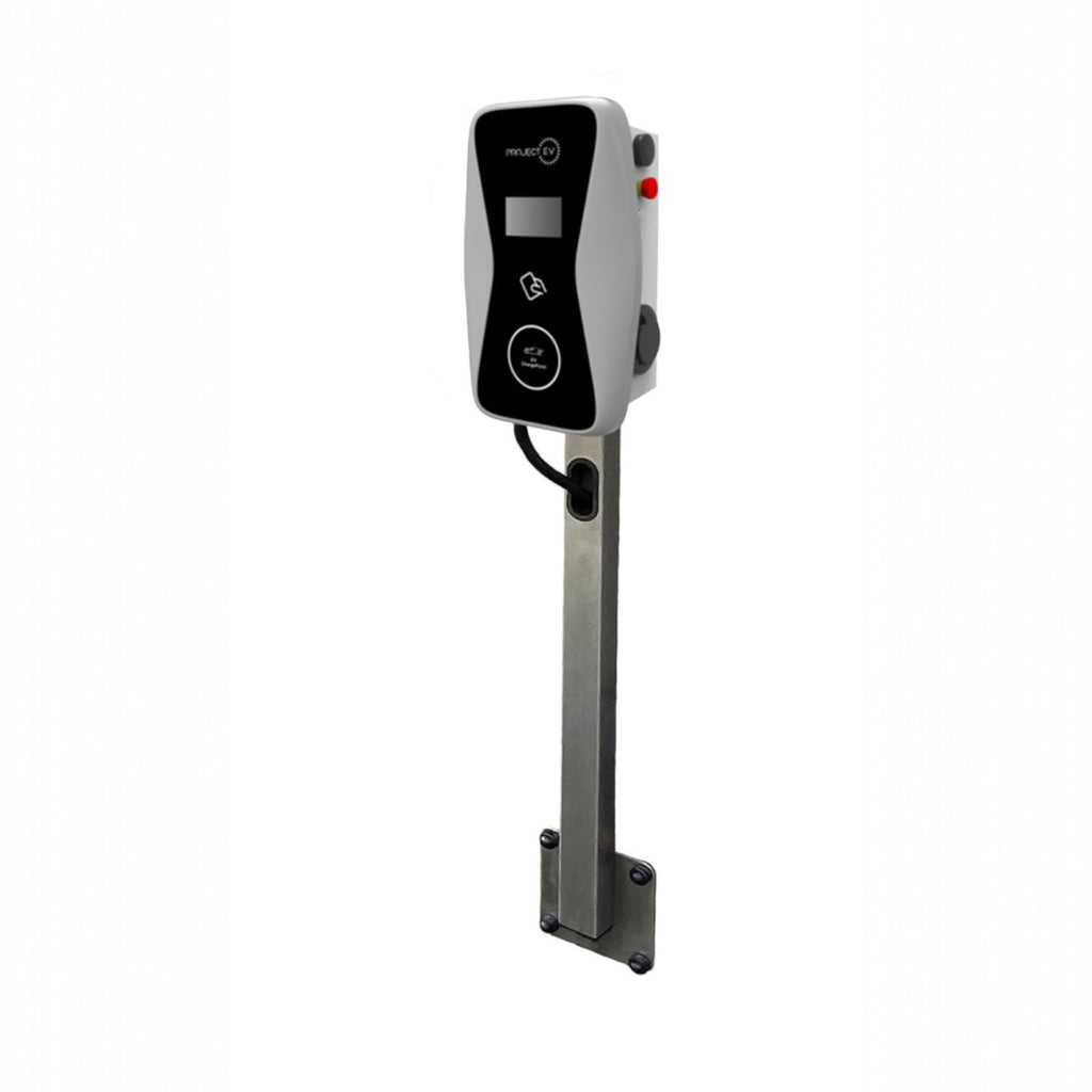 Project EV Pro-S EV charger in white mounted on pedestal stand with RFID reader and display screen