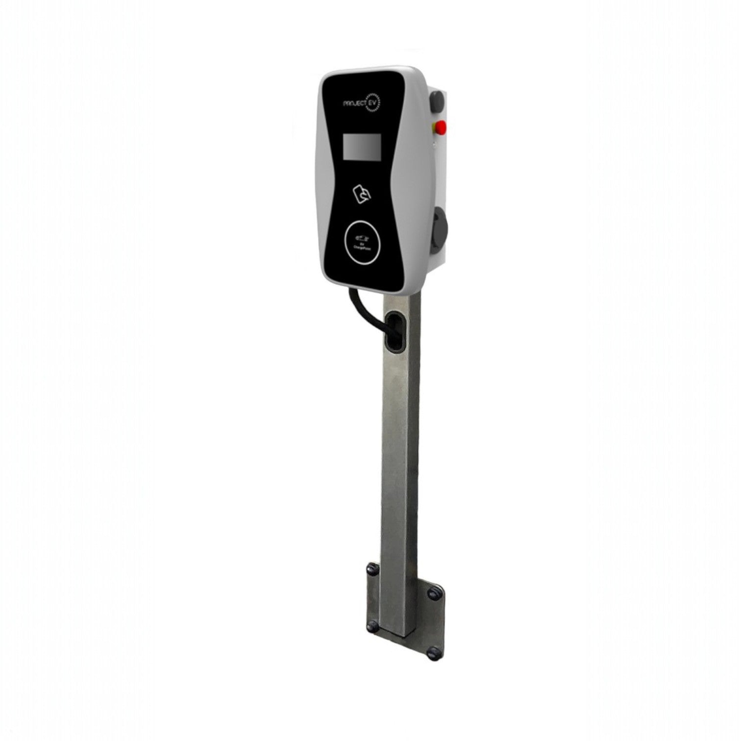 Project EV Pro-S EV charger in white mounted on pedestal stand with RFID reader and display screen