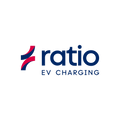 Ratio EV Charging brand logo, navy blue ratio wordmark with red accent mark on light grey background