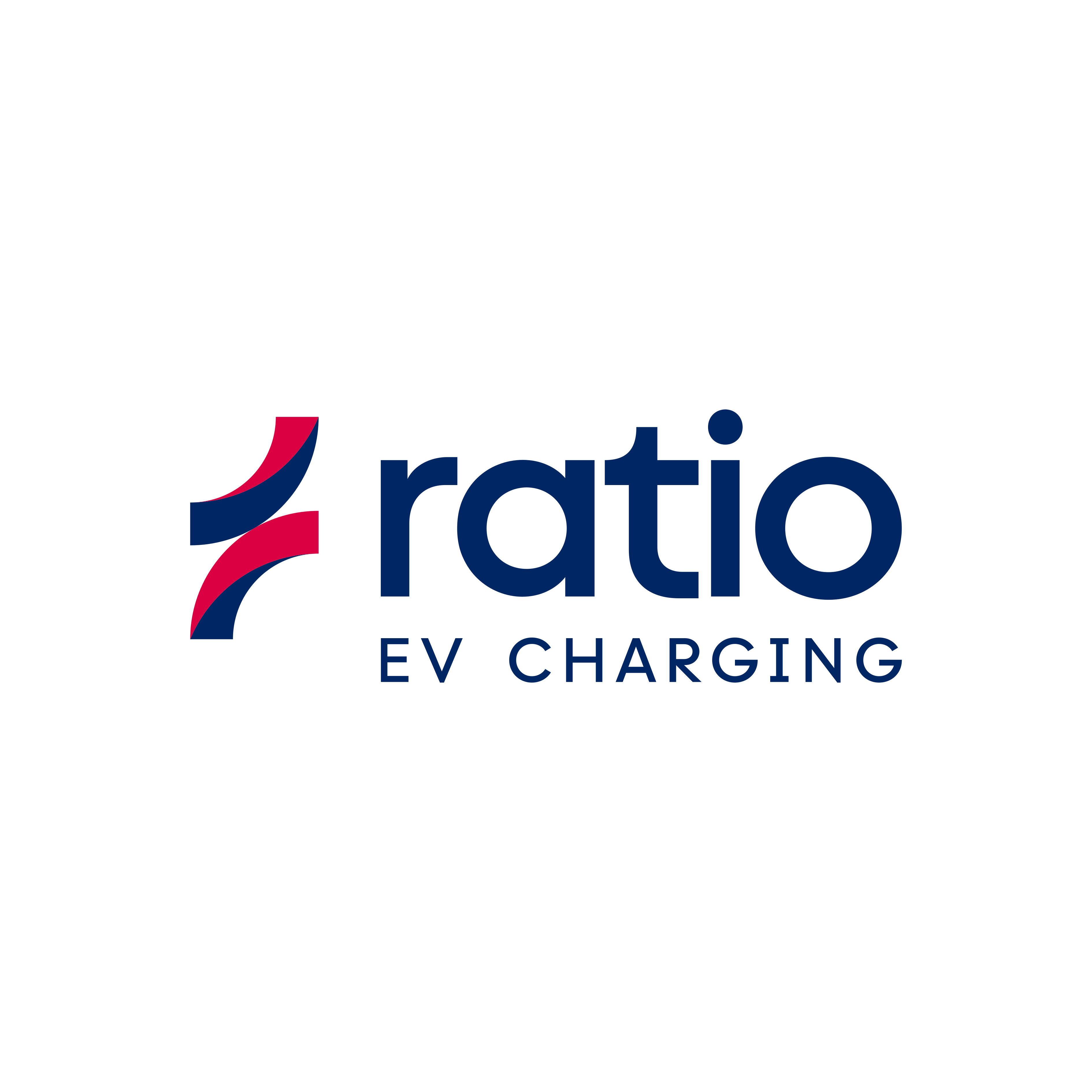 Ratio EV Charging brand logo, navy blue ratio wordmark with red accent mark on light grey background