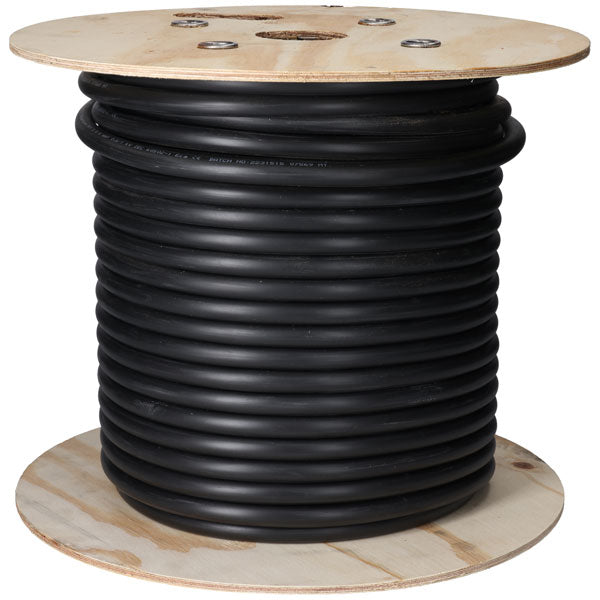 Black armoured EV electrical installation cable on wooden drum spool on white background