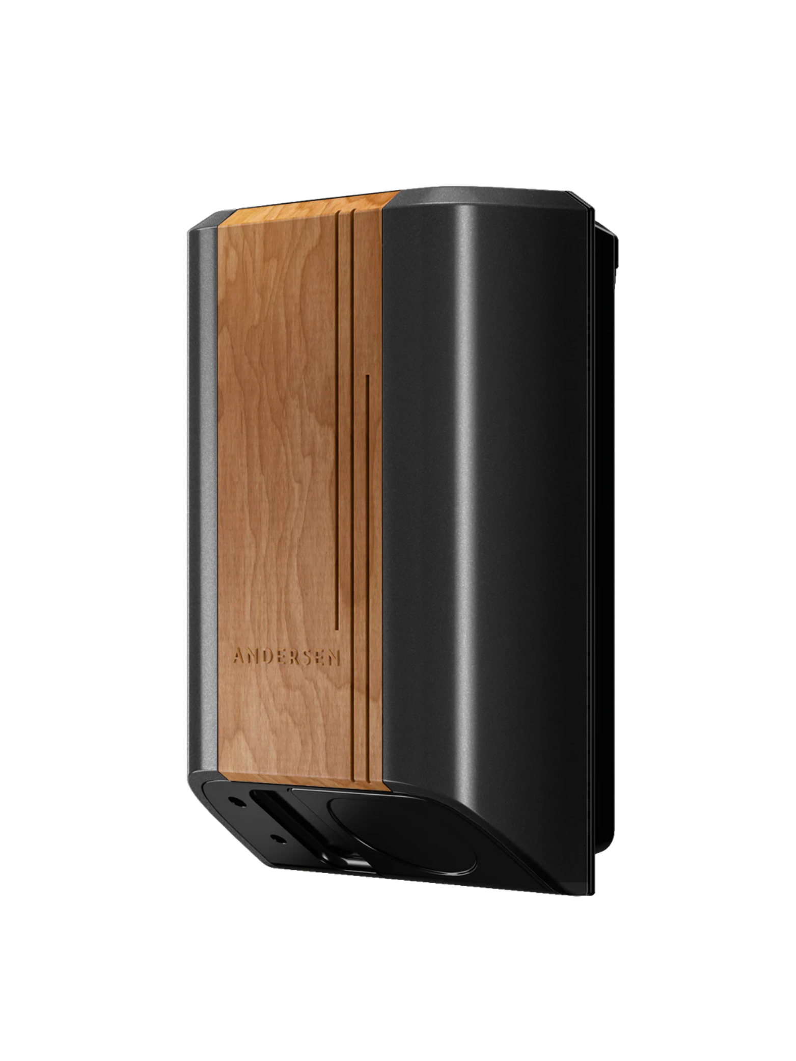 Andersen Quartz premium home EV charger in dark grey aluminium with cherry wood front insert and embossed ANDERSEN logo, three-quarter angle