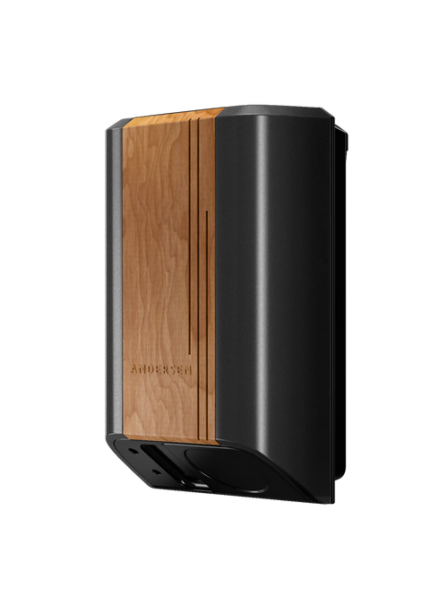 Andersen Quartz premium home EV charger in dark grey aluminium with cherry wood front insert and embossed ANDERSEN logo, three-quarter angle