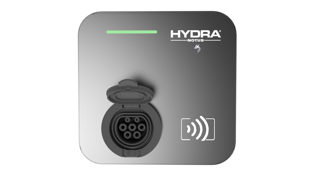 Hydra Notus untethered home EV charger front view in dark grey with HYDRA NOTUS logo, dragon claw mark, green LED status bar, open Type 2 socket and RFID contactless reader icon
