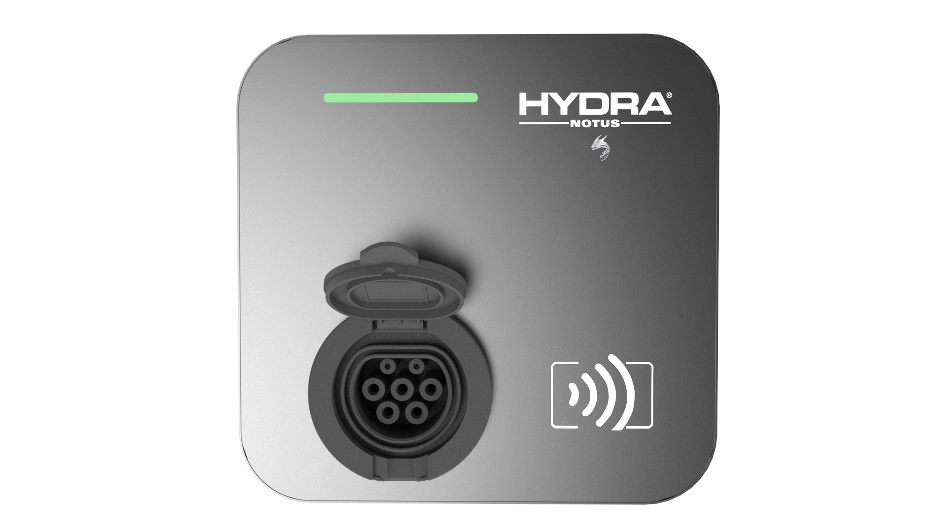 Hydra Notus untethered home EV charger front view in dark grey with HYDRA NOTUS logo, dragon claw mark, green LED status bar, open Type 2 socket and RFID contactless reader icon