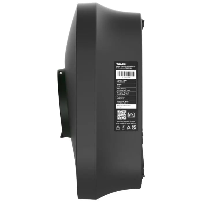 Rolec EVO 7kW home EV charger side profile view in dark grey showing curved body silhouette and printed product specification label
