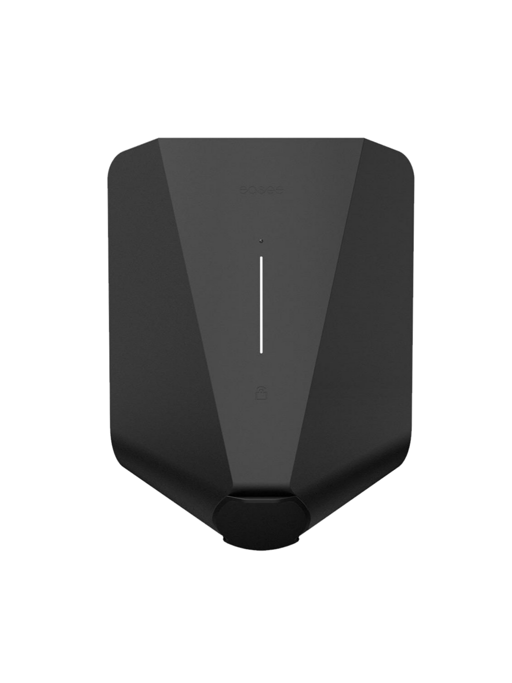 Easee One untethered home EV charger in matte black, straight-on front view with vertical LED status strip, faint easee logo and Type 2 socket housing at base