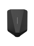Easee One untethered home EV charger in matte black, straight-on front view with vertical LED status strip, faint easee logo and Type 2 socket housing at base