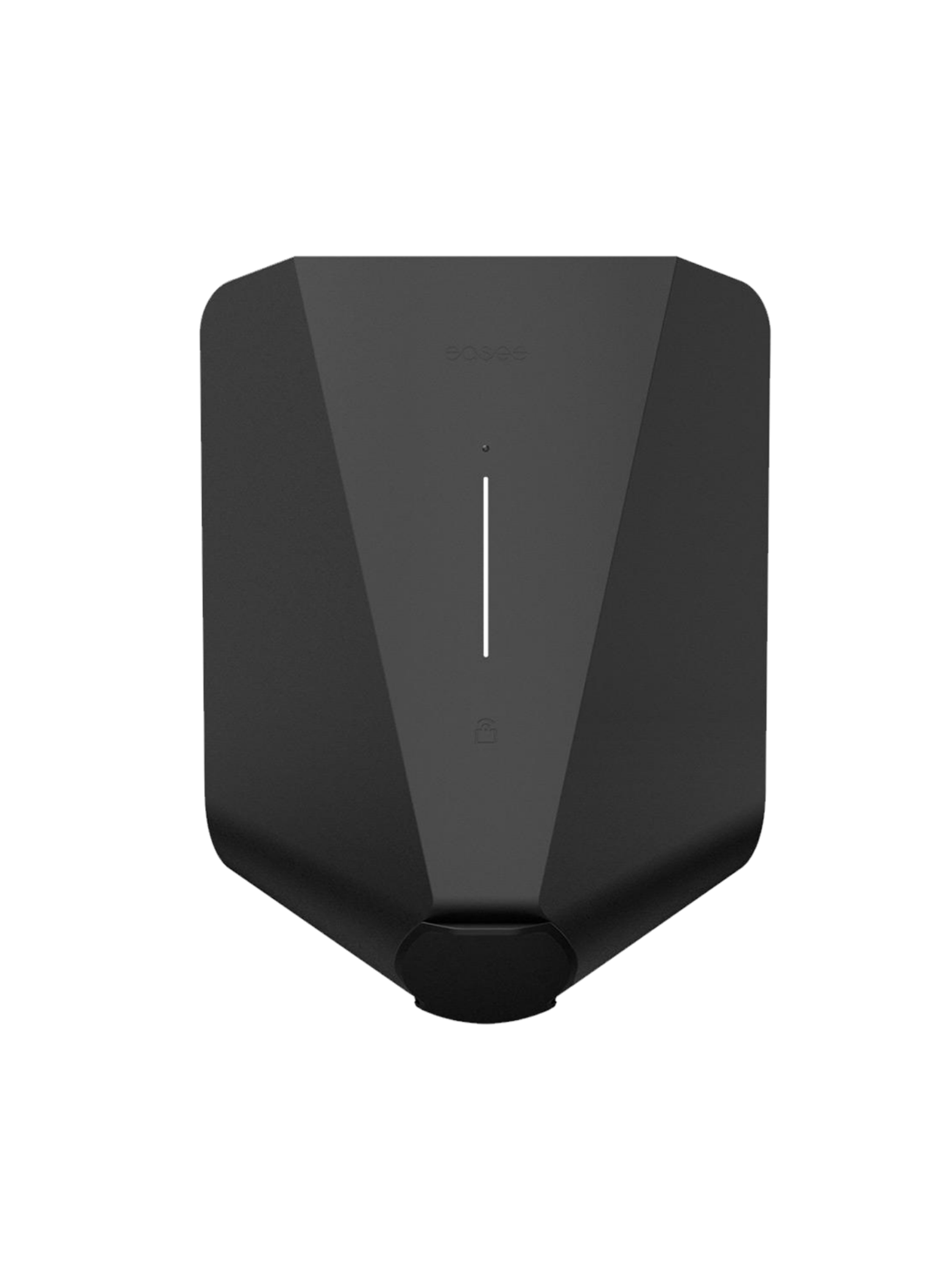 Easee One untethered home EV charger in matte black, straight-on front view with vertical LED status strip, faint easee logo and Type 2 socket housing at base