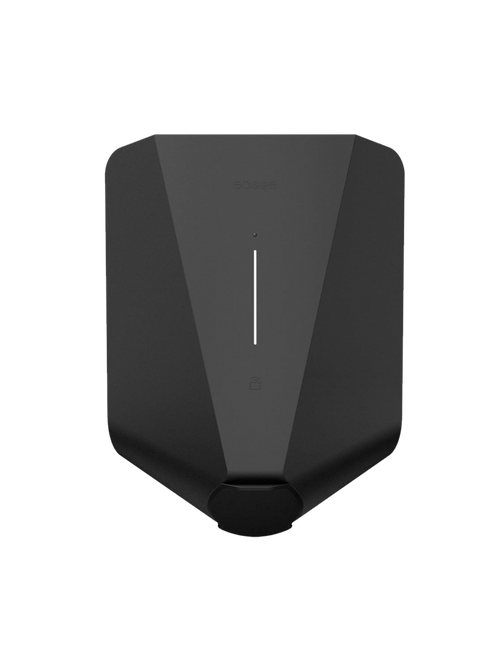 Easee One untethered home EV charger in matte black, straight-on front view with vertical LED status strip, faint easee logo and Type 2 socket housing at base