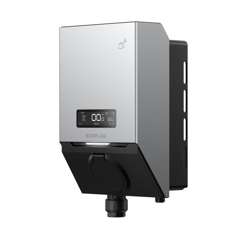 EcoFlow PowerPulse 2 EV charger three-quarter side view in silver and black with LCD display, ECOFLOW logo, WiFi icon and Type 2 socket cover with cable gland below