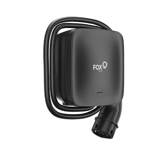 Fox ESS L Series 7kW tethered home EV charger in matte black, three-quarter view with FOX ESS logo, coiled tethered cable wrapped behind and Type 2 connector visible at base