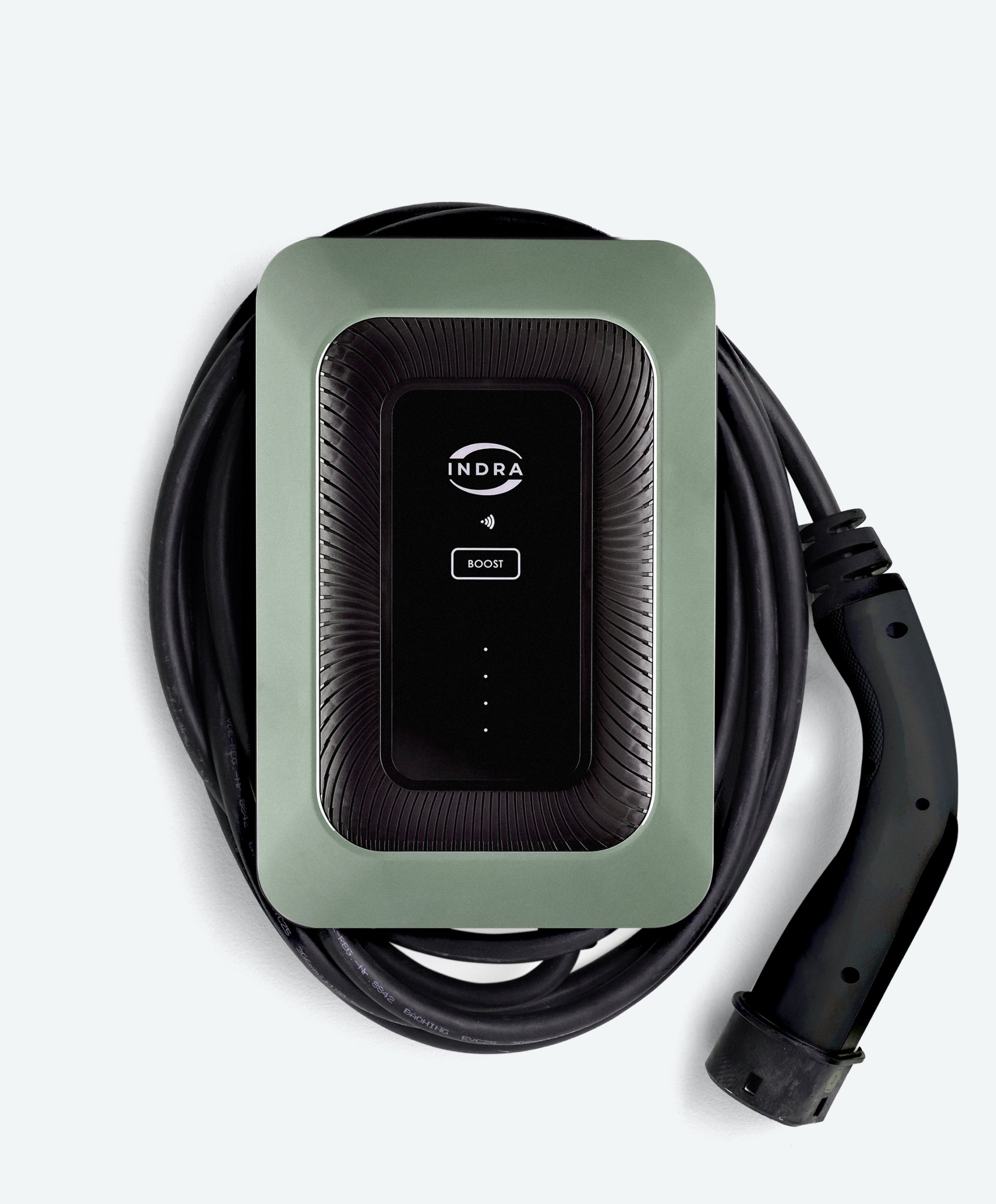 Indra Smart LUX home EV charger in sage green with sunburst-textured face, INDRA logo, BOOST button and tethered Type 2 cable coiled around base
