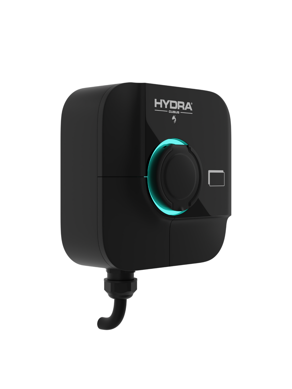 Hydra Cubus untethered home EV charger in matte black, three-quarter view with HYDRA CUBUS logo, teal LED ring around Type 2 socket cover and cable gland at base