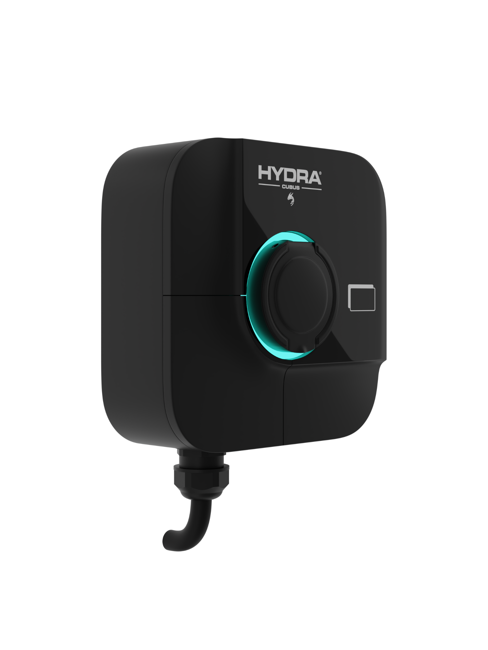 Hydra Cubus untethered home EV charger in matte black, three-quarter view with HYDRA CUBUS logo, teal LED ring around Type 2 socket cover and cable gland at base