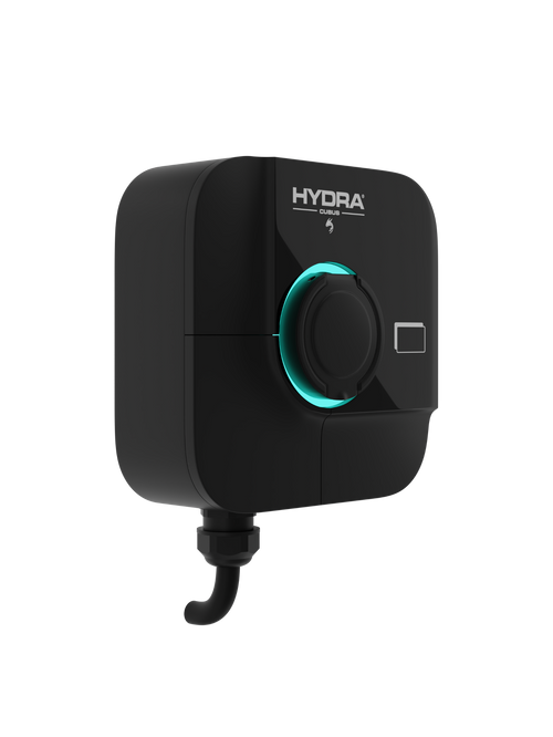 Hydra Cubus untethered home EV charger in matte black, three-quarter view with HYDRA CUBUS logo, teal LED ring around Type 2 socket cover and cable gland at base