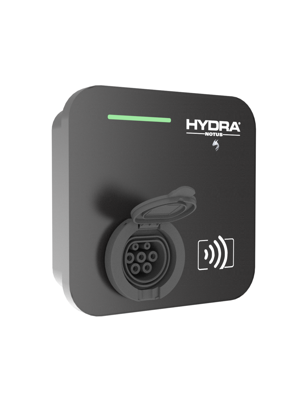 Hydra Notus untethered home EV charger in matte black, three-quarter view with HYDRA NOTUS logo, green LED status bar, open Type 2 socket cover and RFID contactless reader icon
