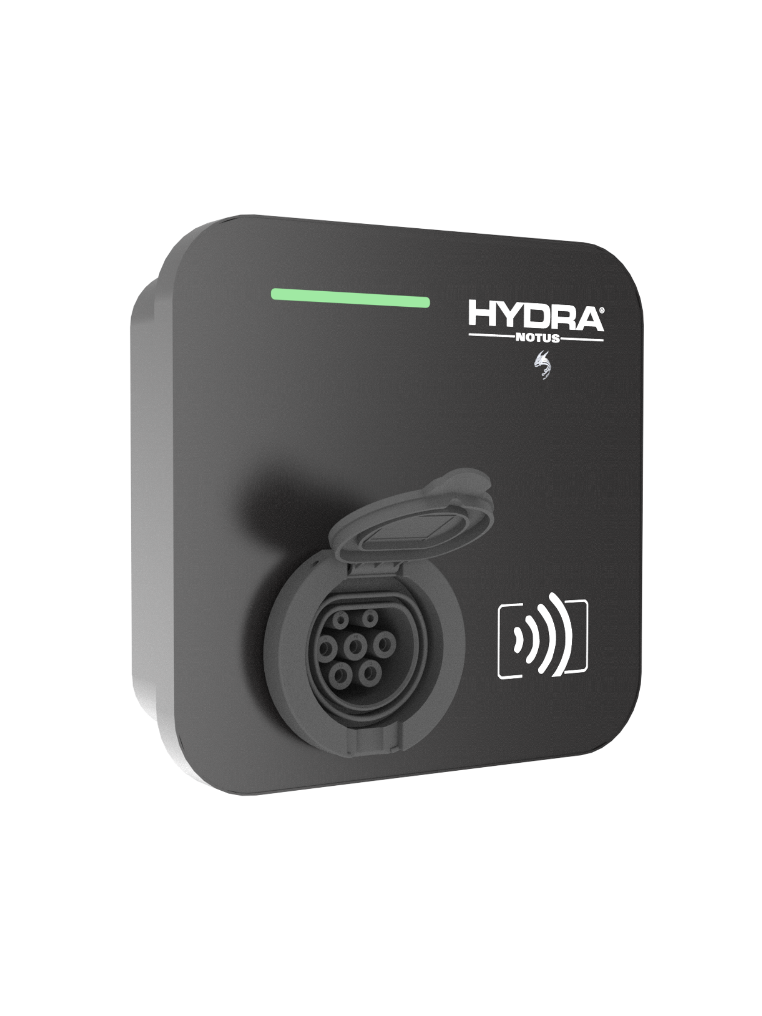 Hydra Notus untethered home EV charger in matte black, three-quarter view with HYDRA NOTUS logo, green LED status bar, open Type 2 socket cover and RFID contactless reader icon