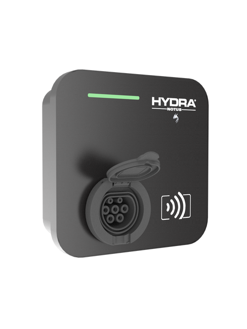 Hydra Notus untethered home EV charger in matte black, three-quarter view with HYDRA NOTUS logo, green LED status bar, open Type 2 socket cover and RFID contactless reader icon