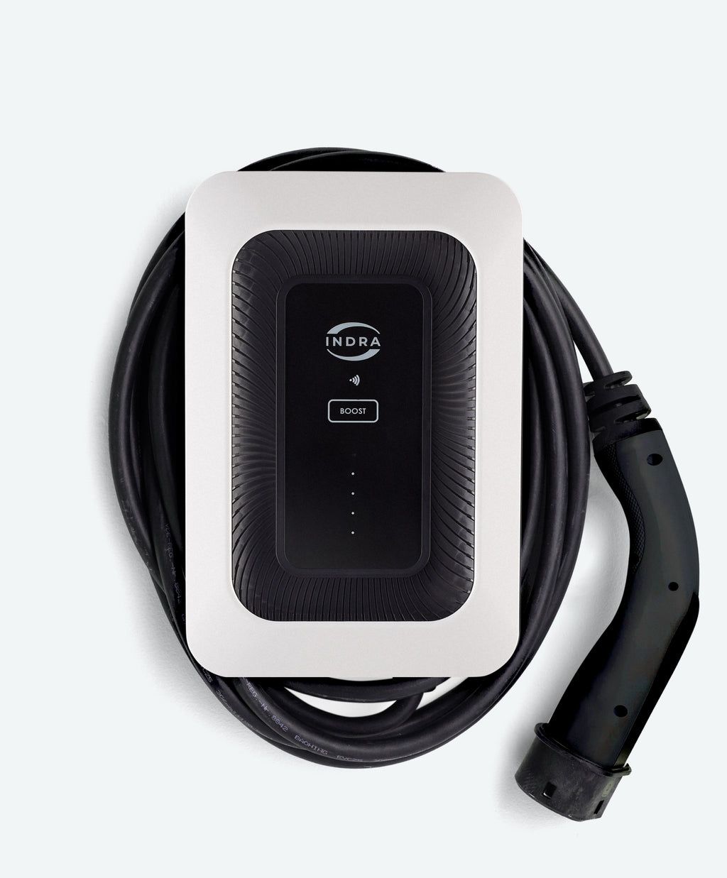 Indra Smart LUX home EV charger in white with sunburst-textured black face, INDRA logo, BOOST button and tethered Type 2 cable coiled around base