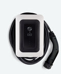 Indra Smart LUX home EV charger in white with sunburst-textured black face, INDRA logo, BOOST button and tethered Type 2 cable coiled around base