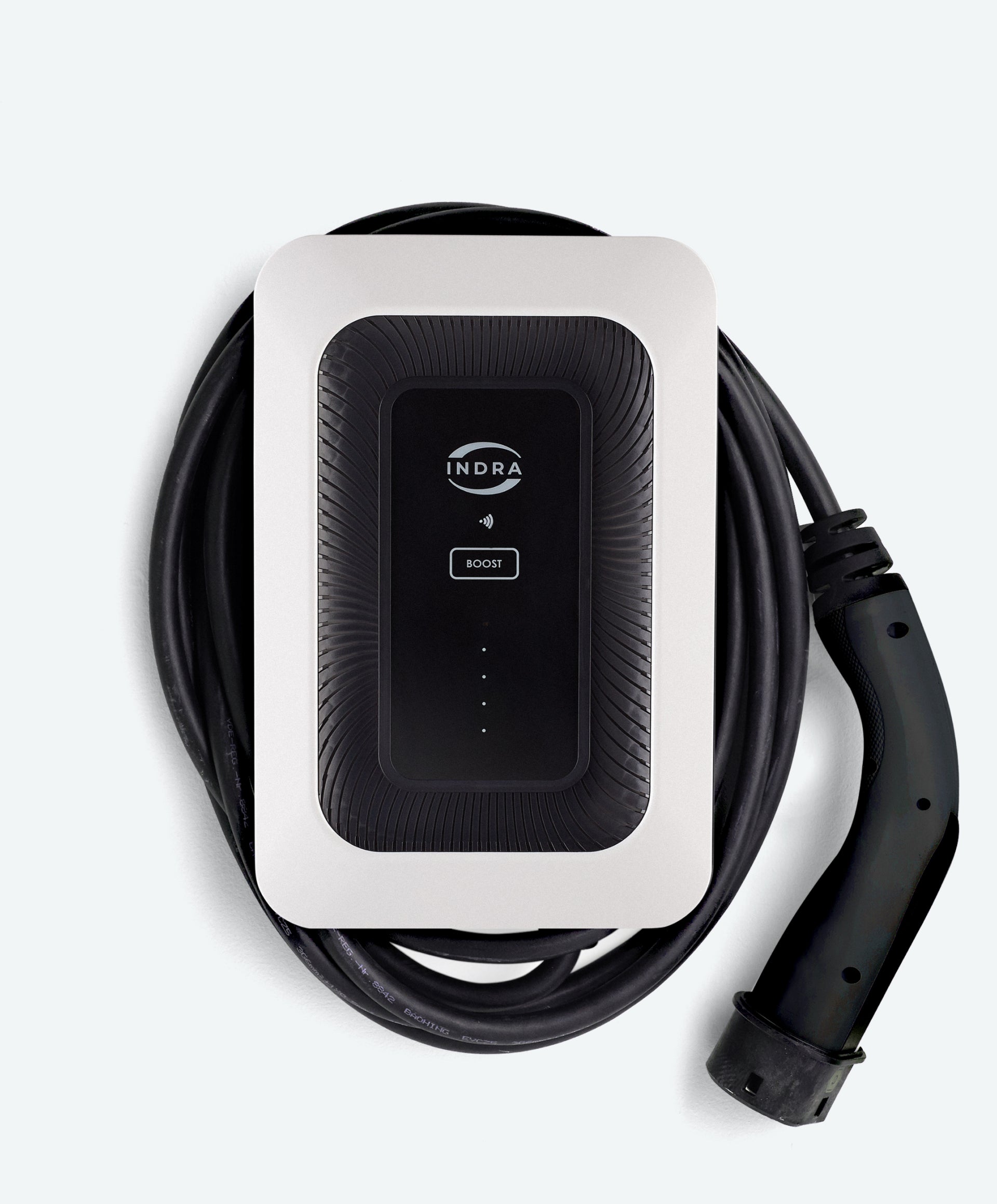Indra Smart LUX home EV charger in white with sunburst-textured black face, INDRA logo, BOOST button and tethered Type 2 cable coiled around base