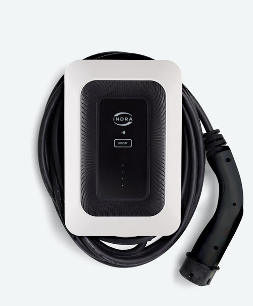Indra Smart LUX home EV charger in white with sunburst-textured black face, INDRA logo, BOOST button and tethered Type 2 cable coiled around base