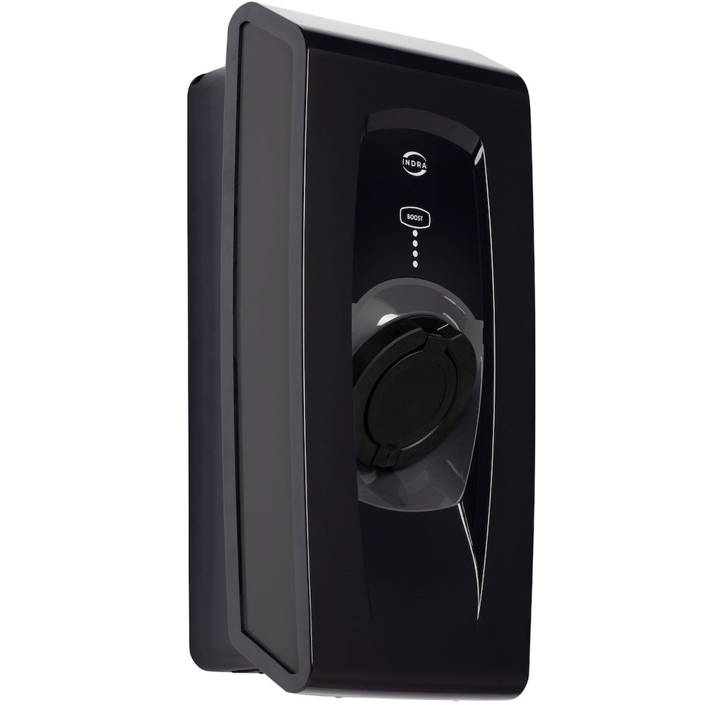 Indra Smart PRO untethered home EV charger in glossy black, slightly angled side view with INDRA logo, BOOST button and Type 2 socket cover