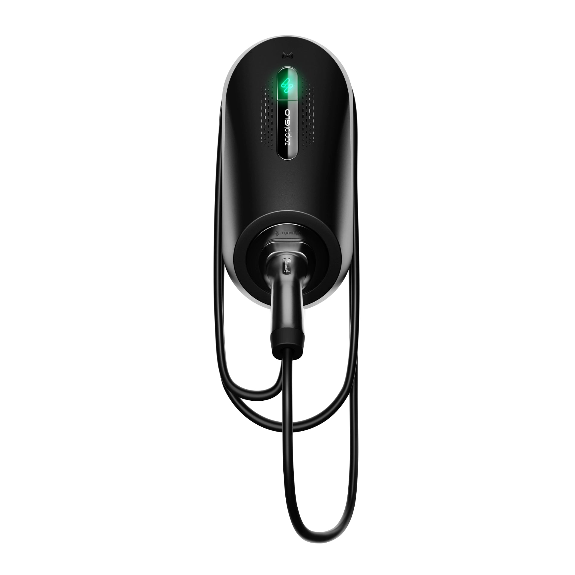 Myenergi Zappi GLO tethered home EV charger in black on white background, top-down view with illuminated green zappi logo and Type 2 cable looped below