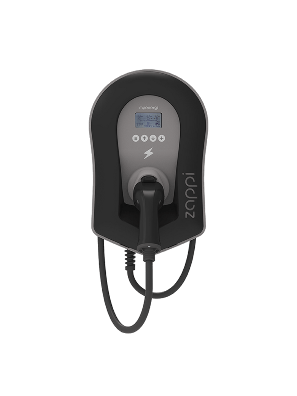 Myenergi Zappi V2 tethered home EV charger in black with myenergi LCD display, navigation buttons, lightning icon, side zappi branding and Type 2 cable plugged in at base