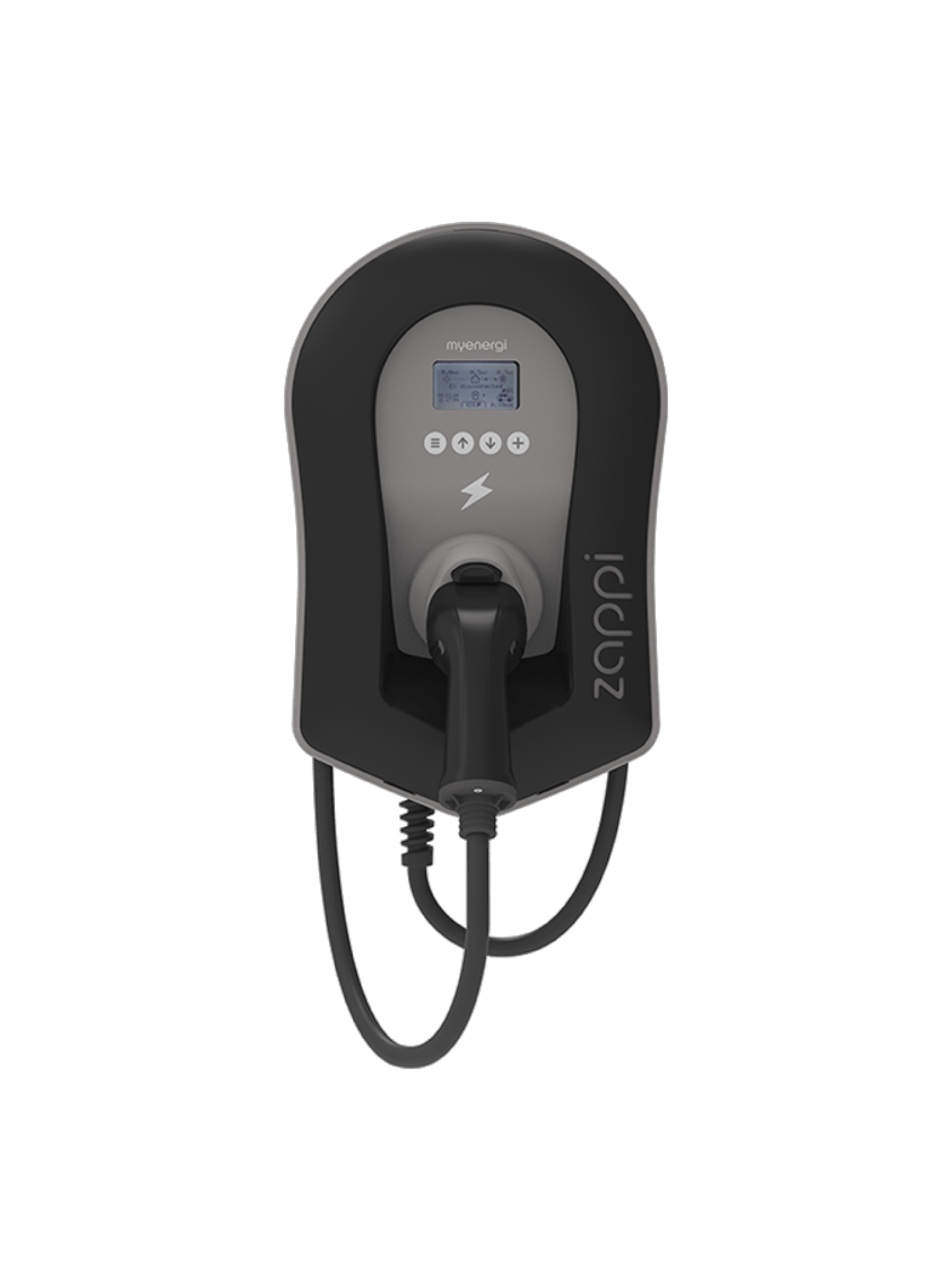 Myenergi Zappi V2 tethered home EV charger in black with myenergi LCD display, navigation buttons, lightning icon, side zappi branding and Type 2 cable plugged in at base