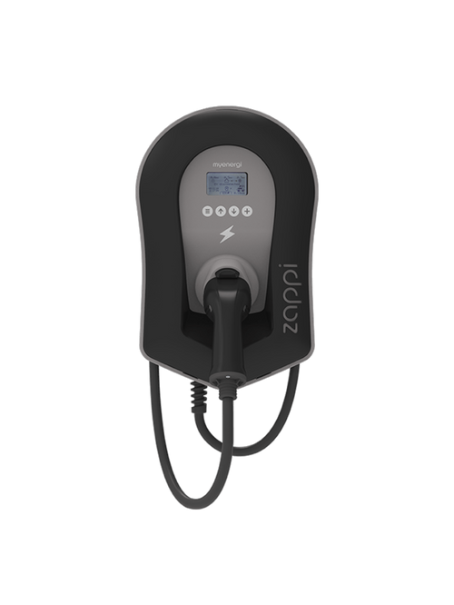 Myenergi Zappi V2 tethered home EV charger in black with myenergi LCD display, navigation buttons, lightning icon, side zappi branding and Type 2 cable plugged in at base