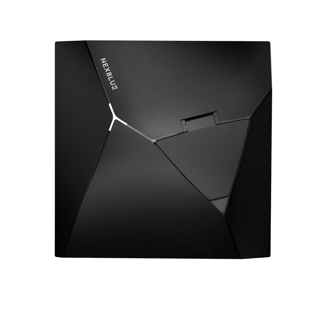 NexBlue Point home EV charger in matte black with faceted angular body, NEXBLUE wordmark and folded triangular Type 2 socket cover