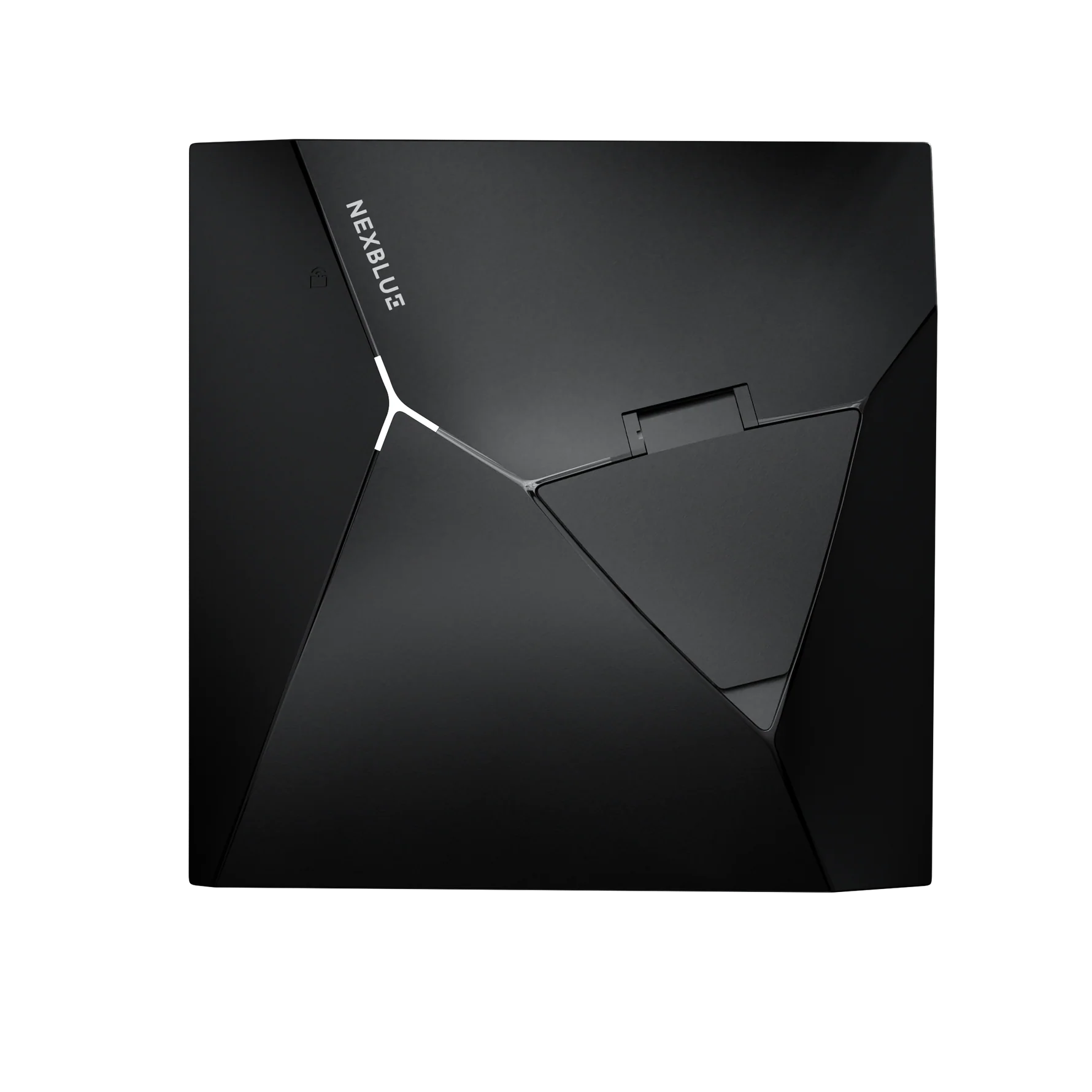 NexBlue Point home EV charger in matte black with faceted angular body, NEXBLUE wordmark and folded triangular Type 2 socket cover
