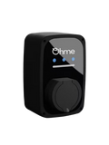 Ohme ePod compact untethered home EV charger in black, three-quarter view with white Ohme logo, three blue control buttons, LED light strip and round Type 2 socket cover
